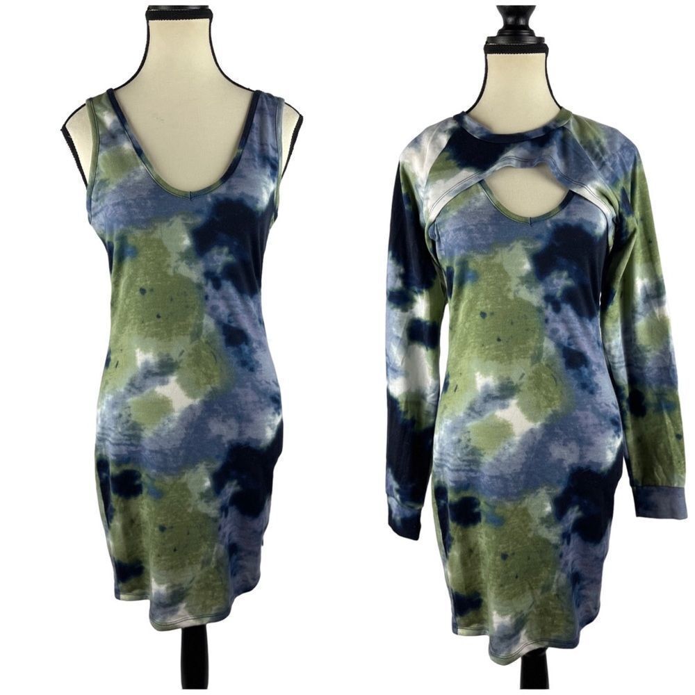 Almost Famous 2 pc green blue tie dye mini dress sz M‎ sleeveless or long sleeve
